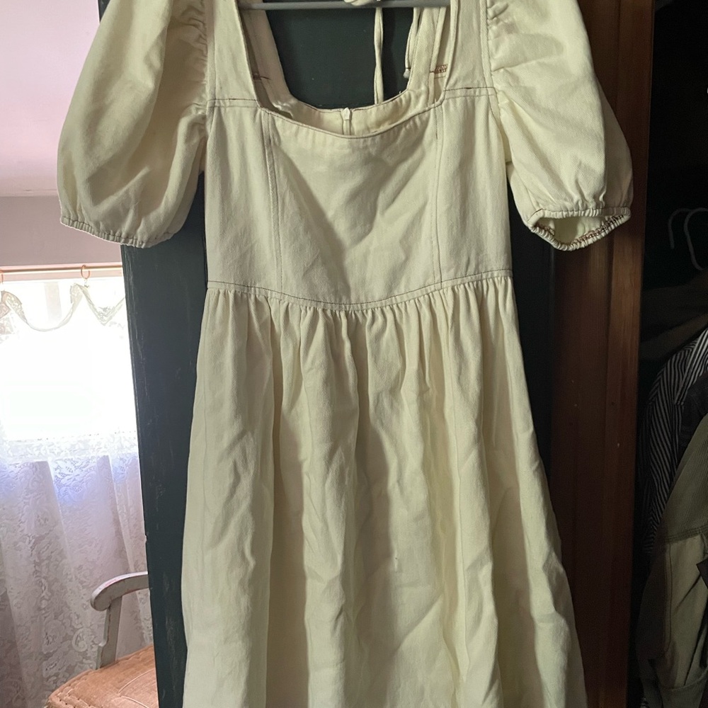 altar’d State xs white denim mini dress with pockets and puff sleeves